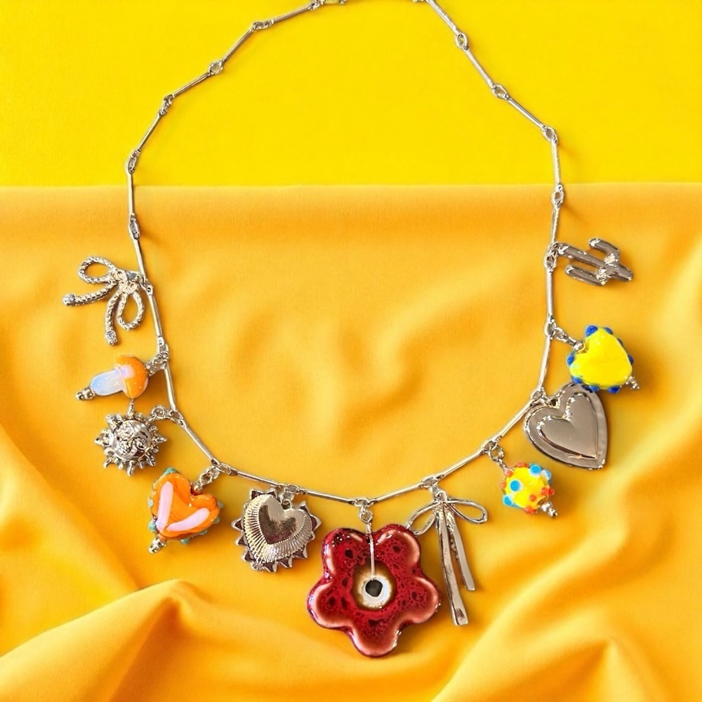 Vibrant Gold Toned Autumn inspired charm necklace Glass Ceramic Enamel charms - Picture 6 of 17